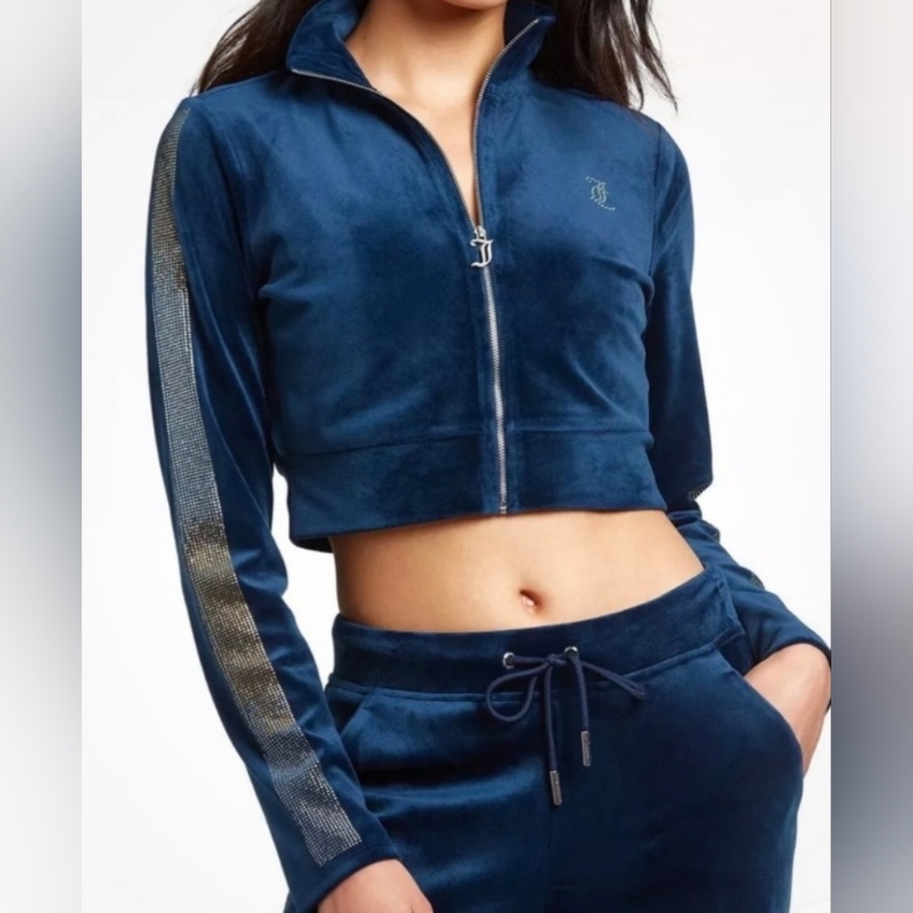 NWT Juicy Couture Bling Trim Velour Crop Track/Hoodie Jacket/Jogger Pants Set
